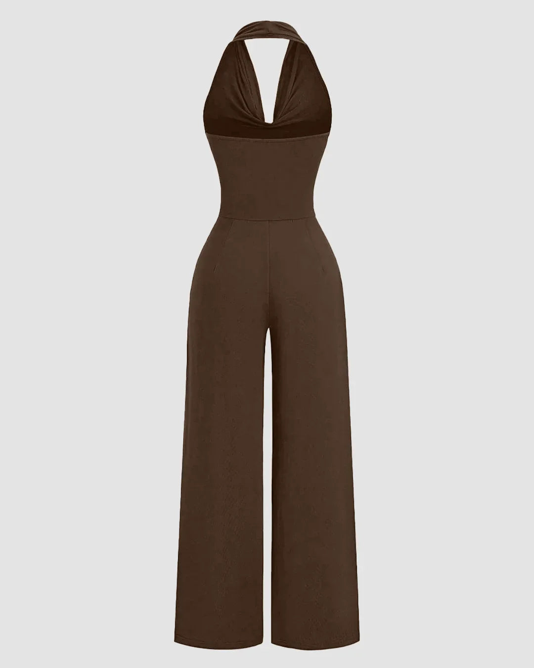 Brown Halter Cowl Neck Wide Leg Jumpsuit