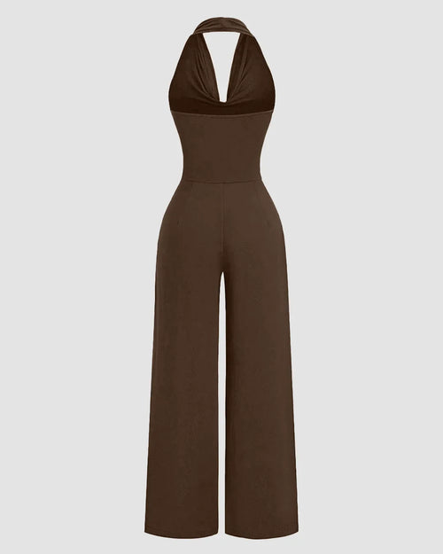Brown Halter Cowl Neck Wide Leg Jumpsuit