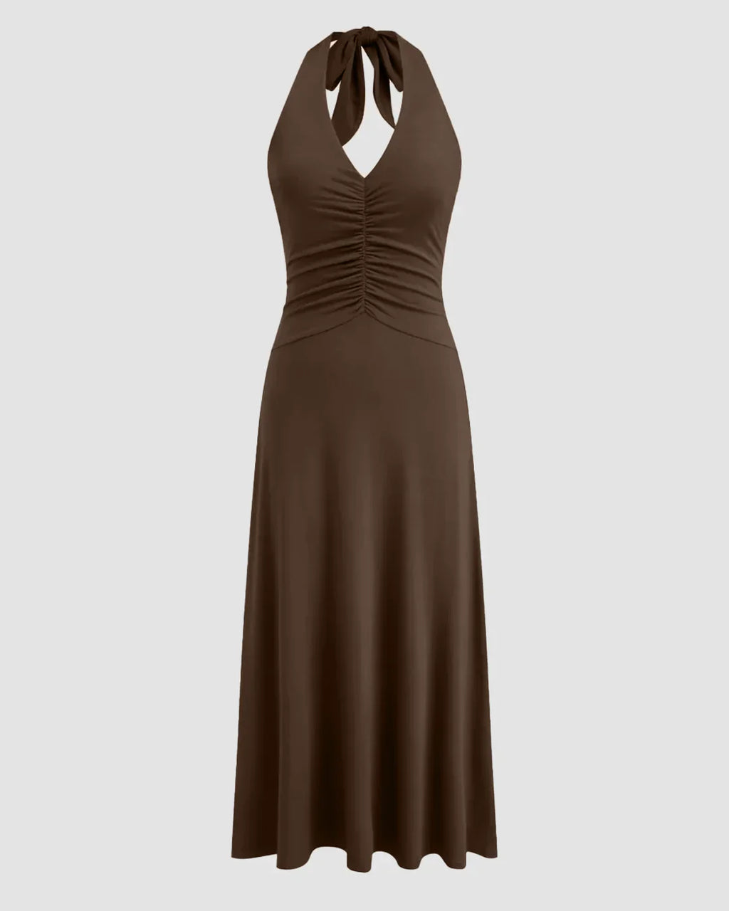 Brown Halter Neck Backless Ruched Waist Midi Dress