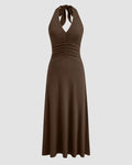 Brown Halter Neck Backless Ruched Waist Midi Dress