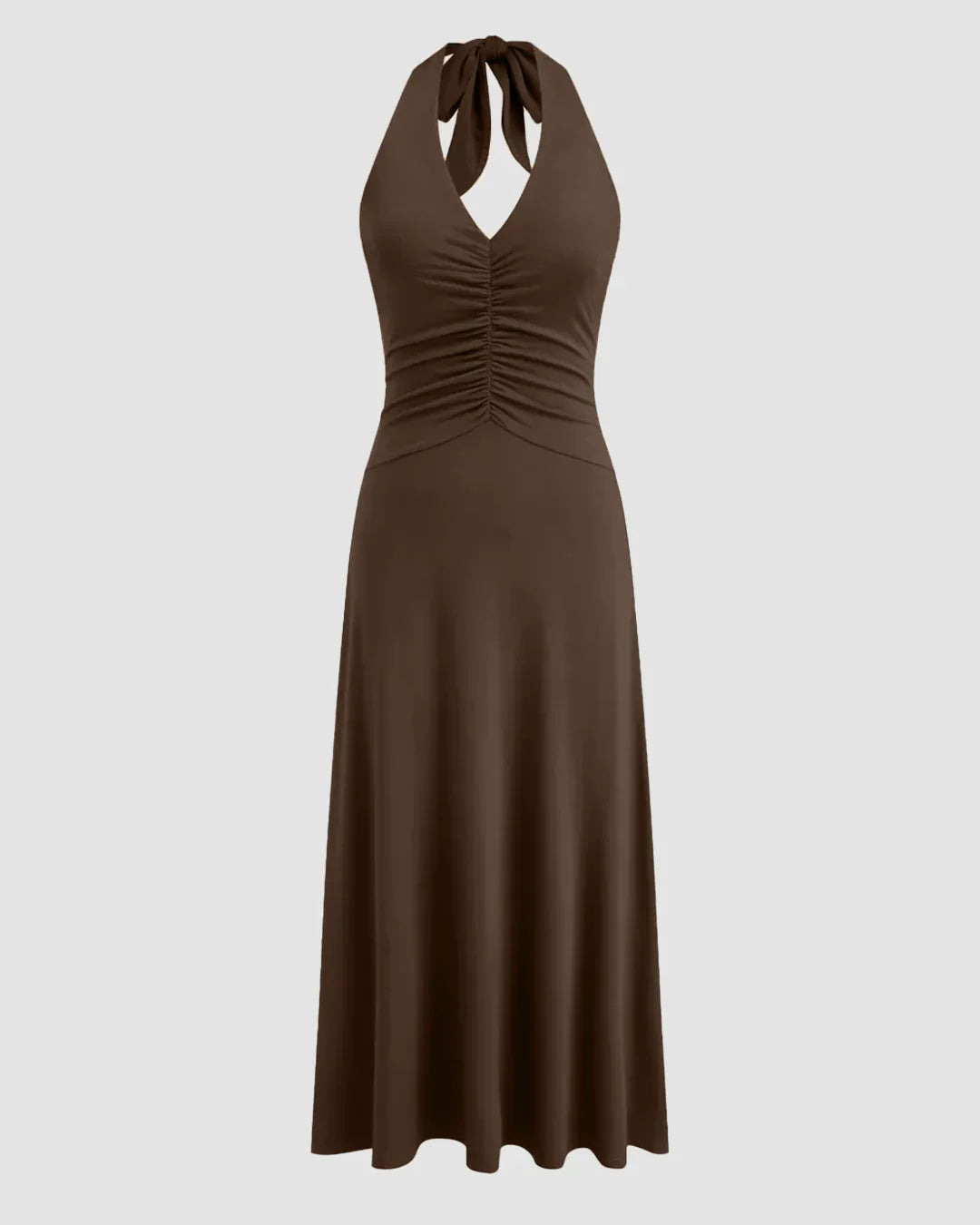 Brown Halter Neck Backless Ruched Waist Midi Dress