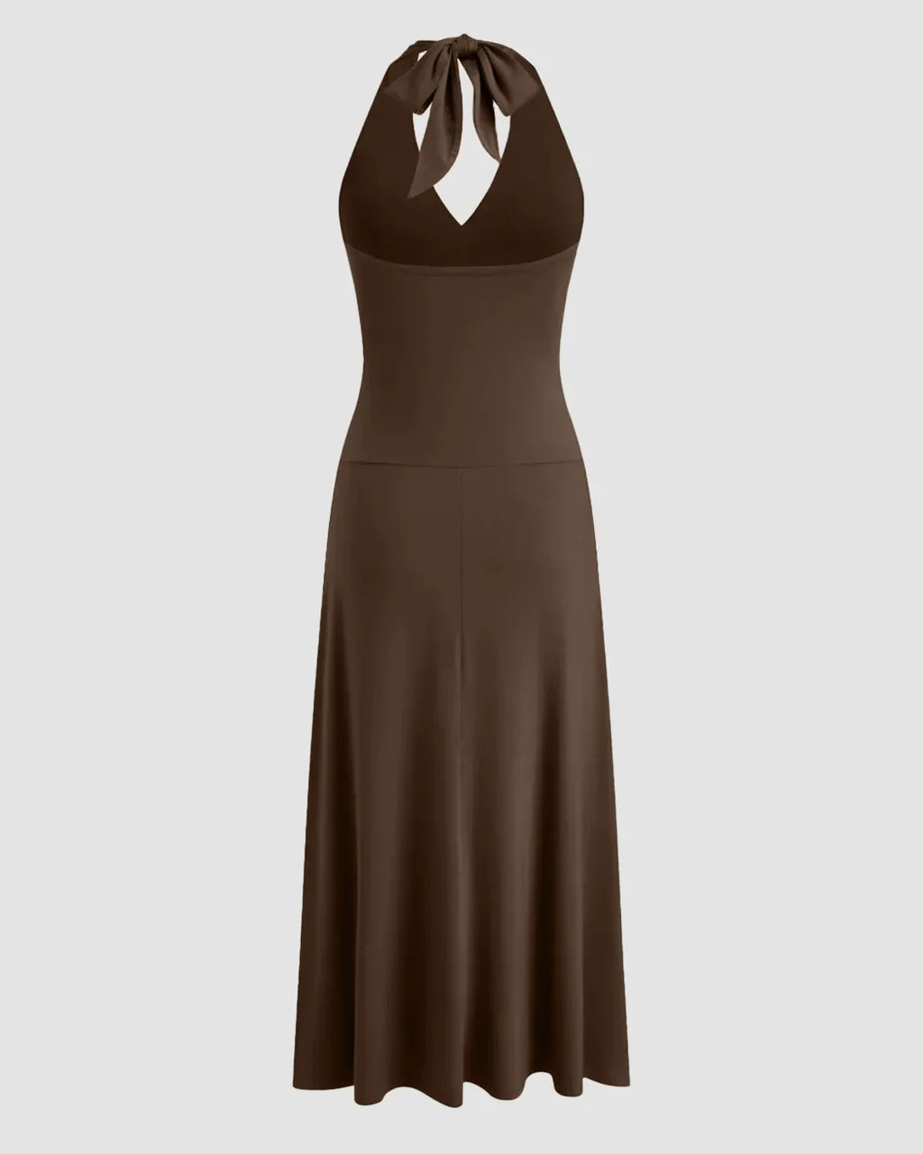 Brown Halter Neck Backless Ruched Waist Midi Dress