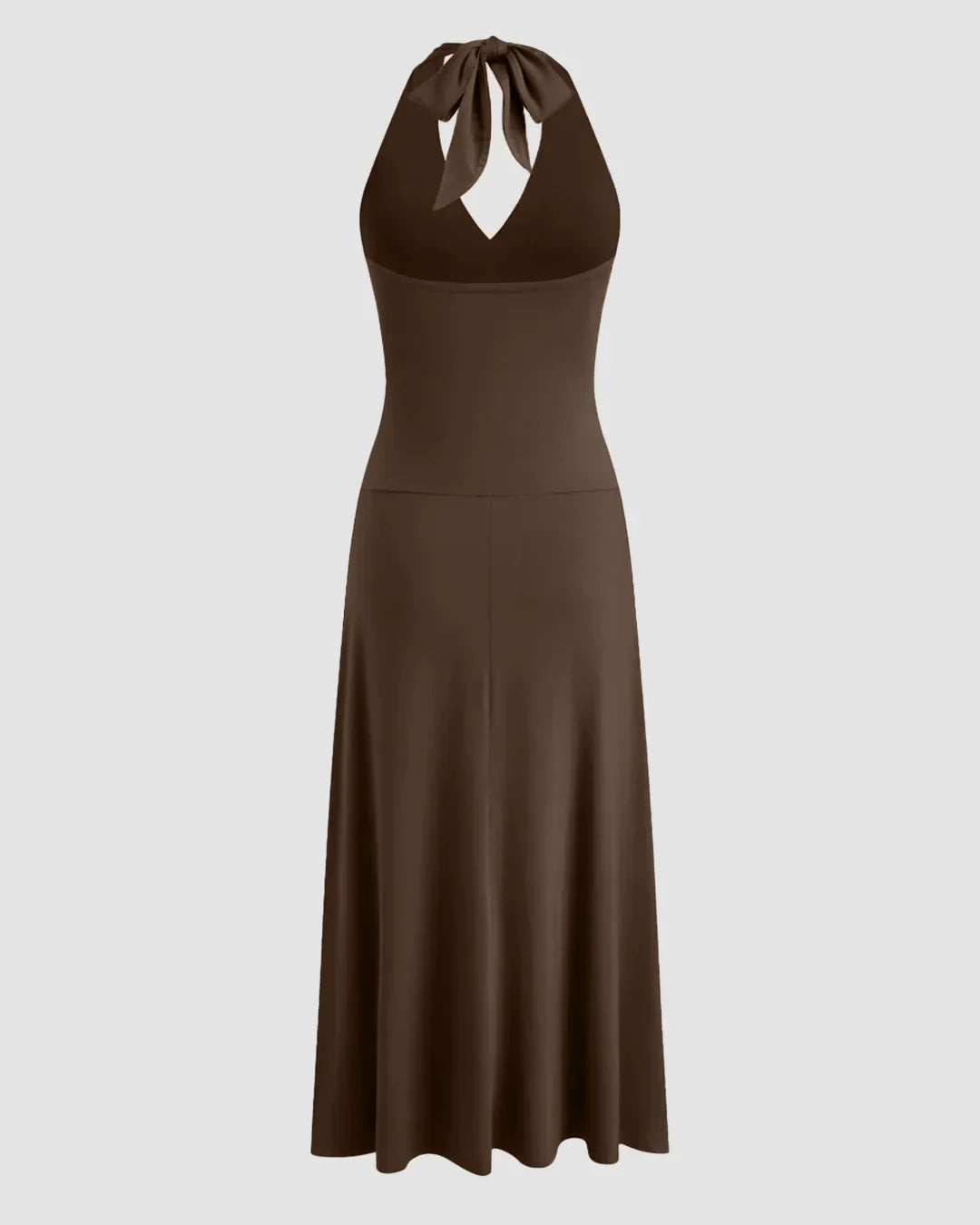 Brown Halter Neck Backless Ruched Waist Midi Dress