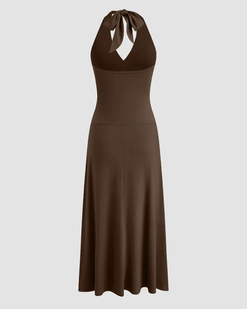Brown Halter Neck Backless Ruched Waist Midi Dress