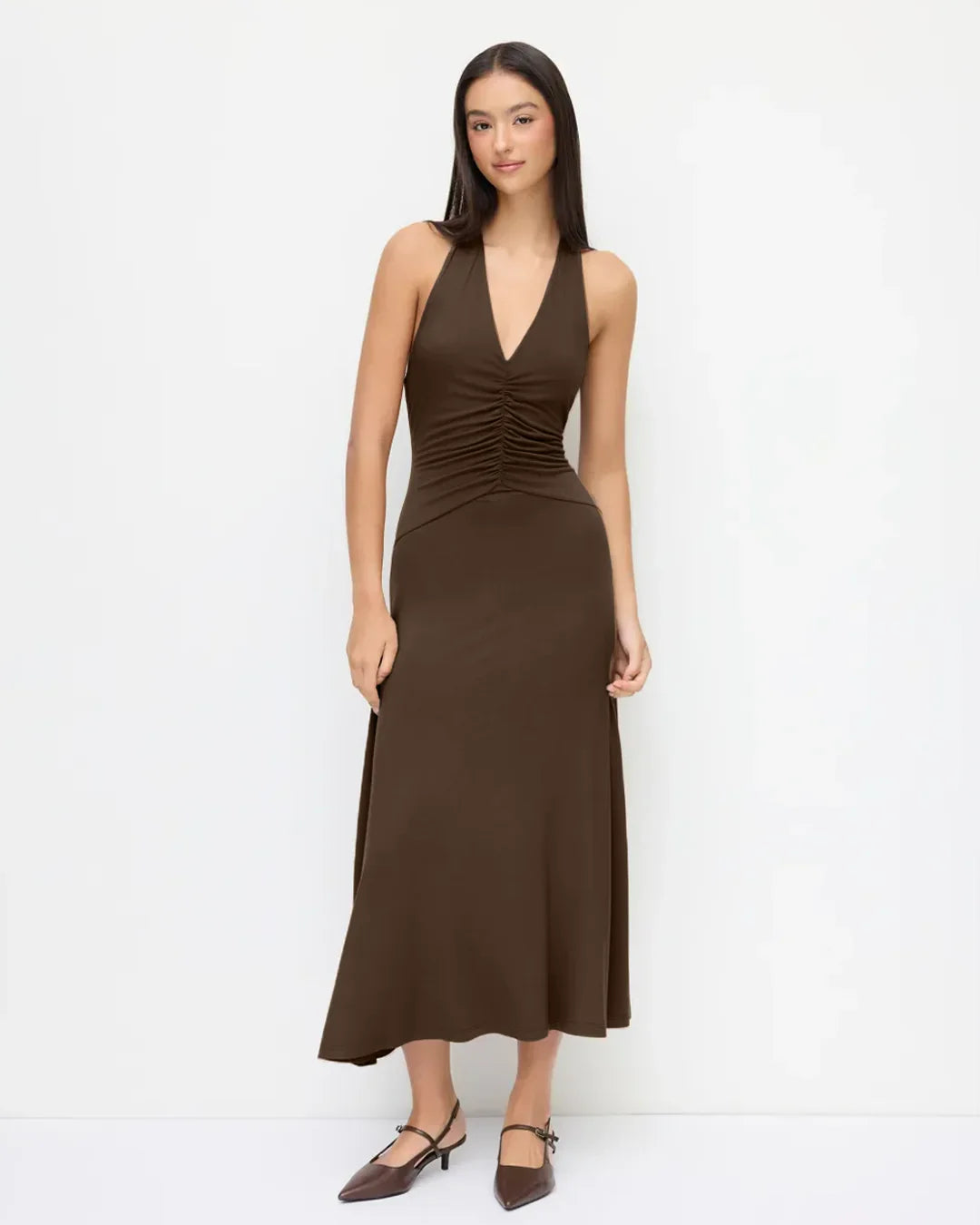Brown Halter Neck Backless Ruched Waist Midi Dress