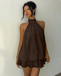 Brown Halter Tie Neck Layered Mini Dress