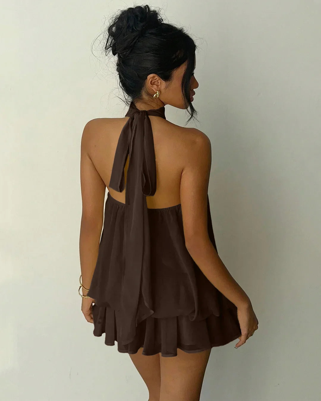 Brown Halter Tie Neck Layered Mini Dress