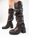 Brown Knee-High Boots With Buckle And Heel