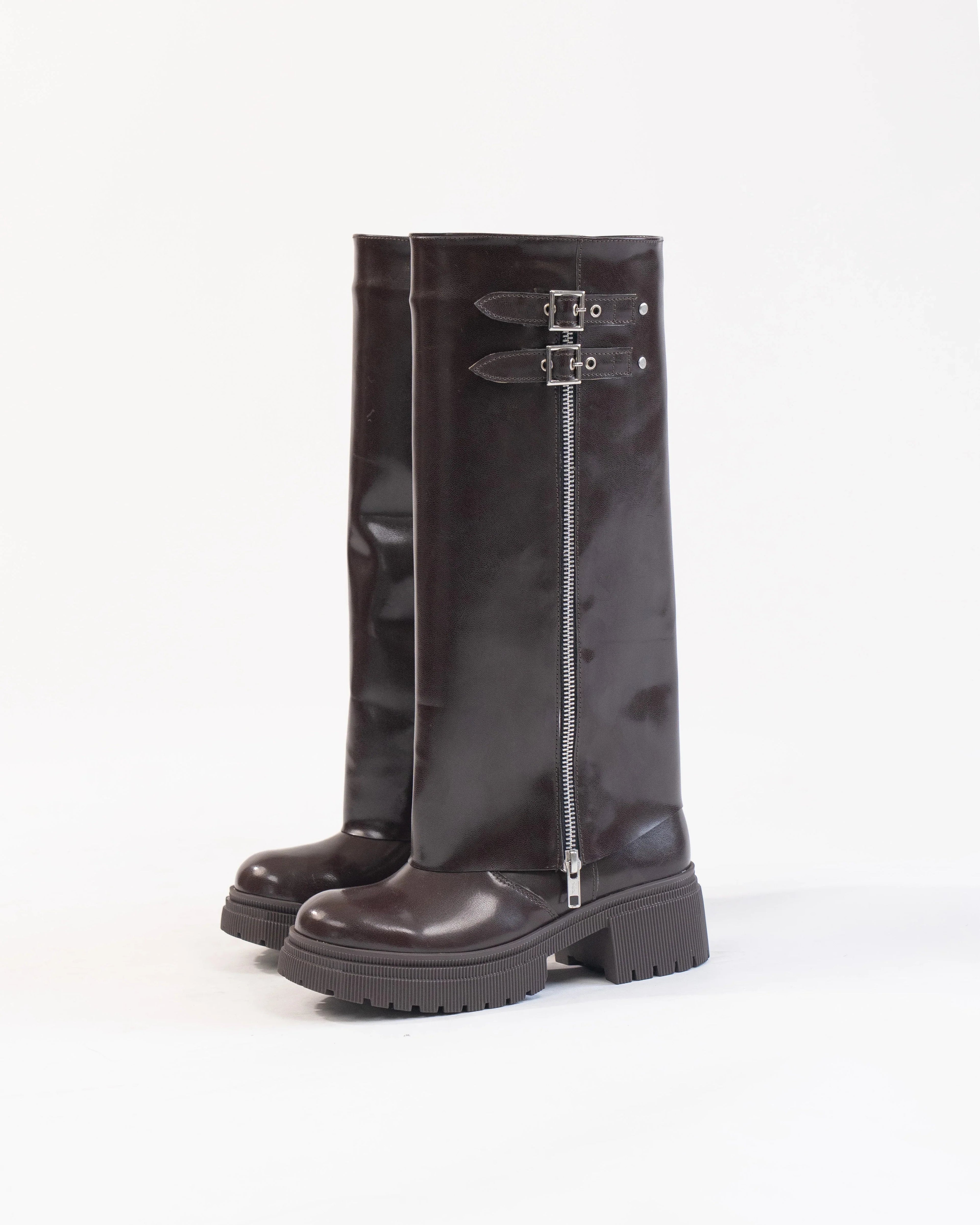 Brown Knee High Boots with Chunky Low Heel