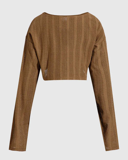 Brown Ribbed Full Sleeve Cropped Top