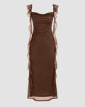 Brown Ruched Ruffle Mesh Sleeveless Bodycon Midi Dress