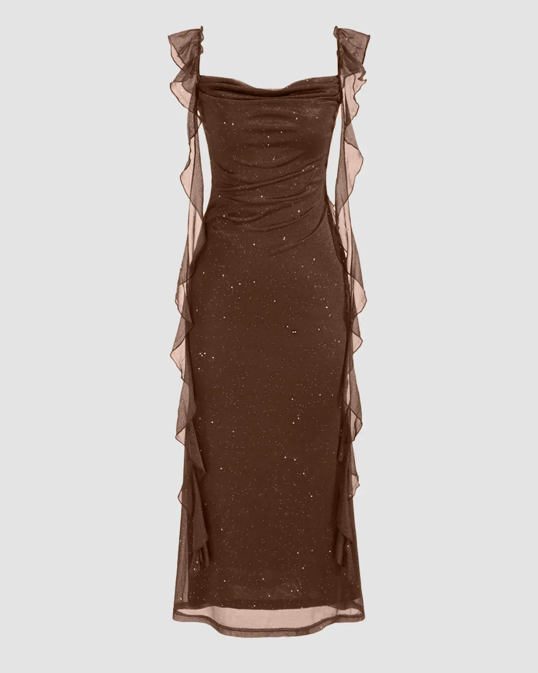 Brown Ruched Ruffle Mesh Sleeveless Bodycon Midi Dress