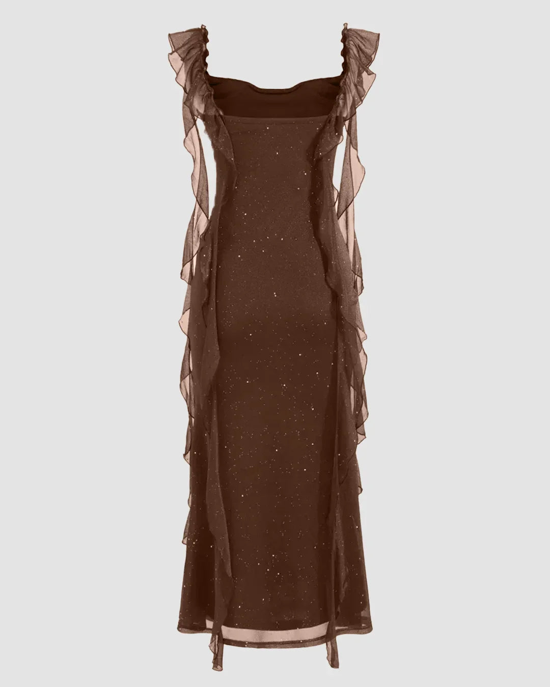 Brown Ruched Ruffle Mesh Sleeveless Bodycon Midi Dress