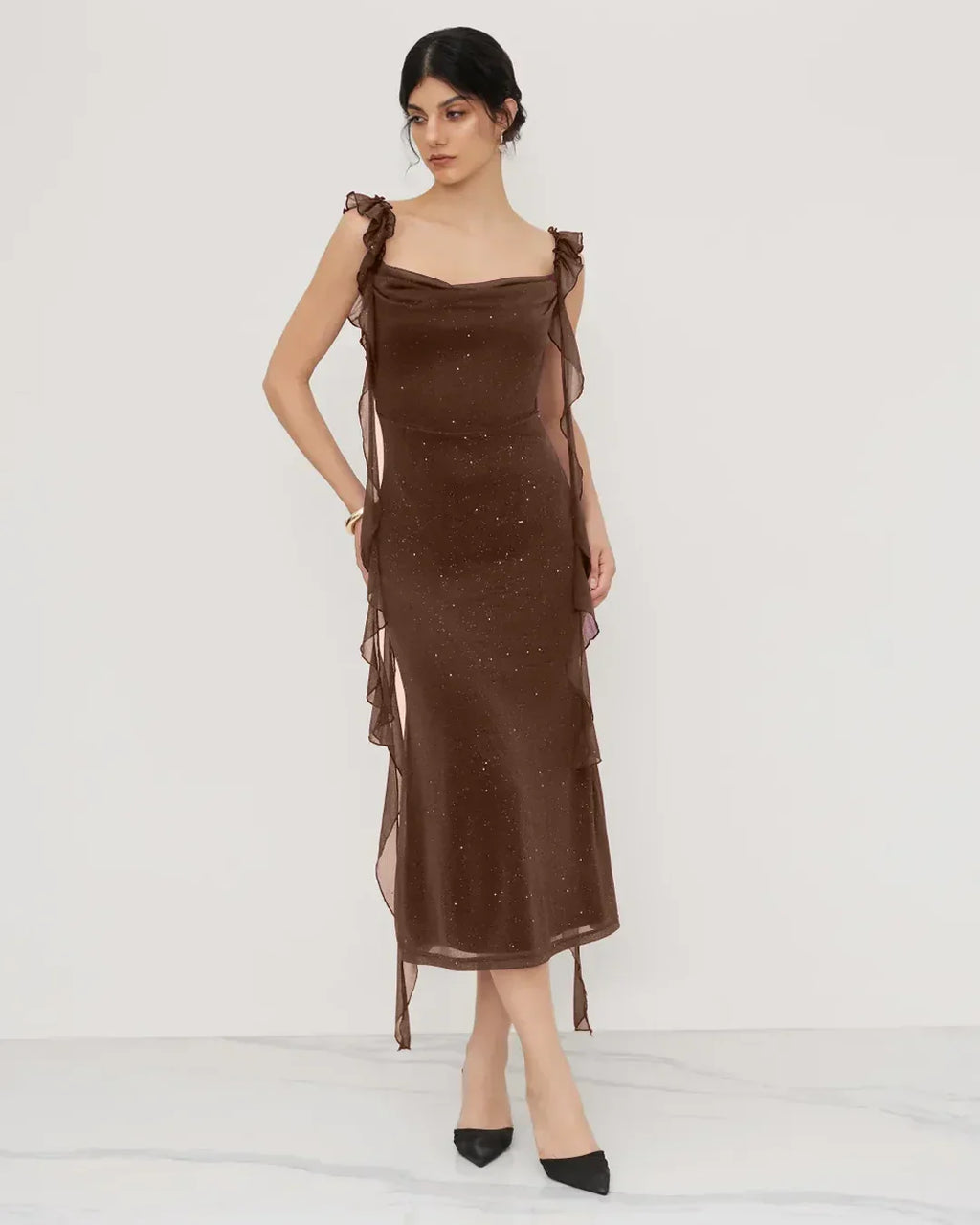 Brown Ruched Ruffle Mesh Sleeveless Bodycon Midi Dress