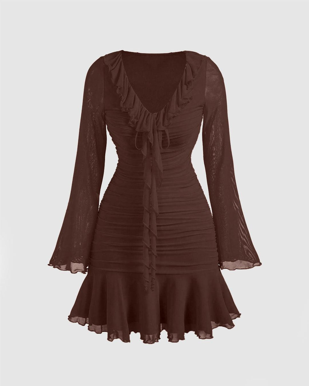 Brown Ruffle Hem Mini Dress with Long Sleeves