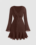 Brown Ruffle Hem Mini Dress with Long Sleeves