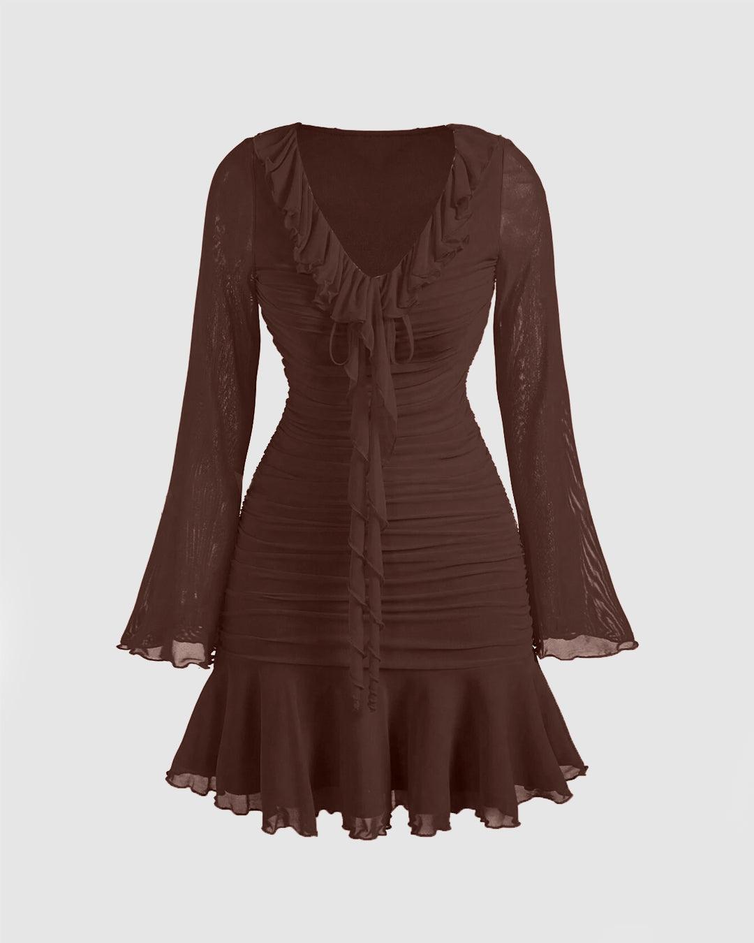 Brown Ruffle Hem Mini Dress with Long Sleeves
