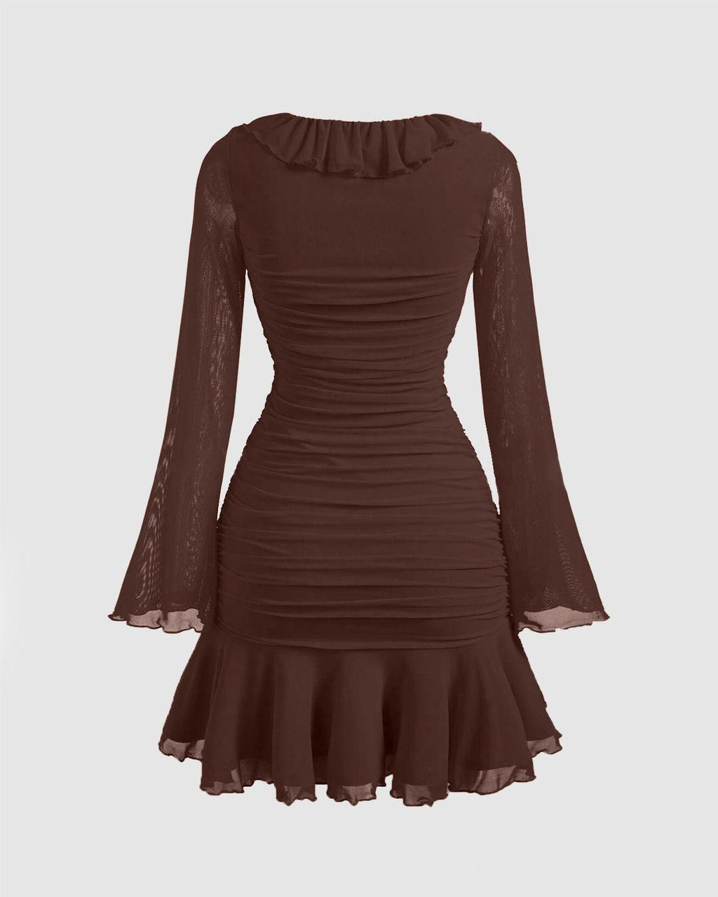 Brown Ruffle Hem Mini Dress with Long Sleeves