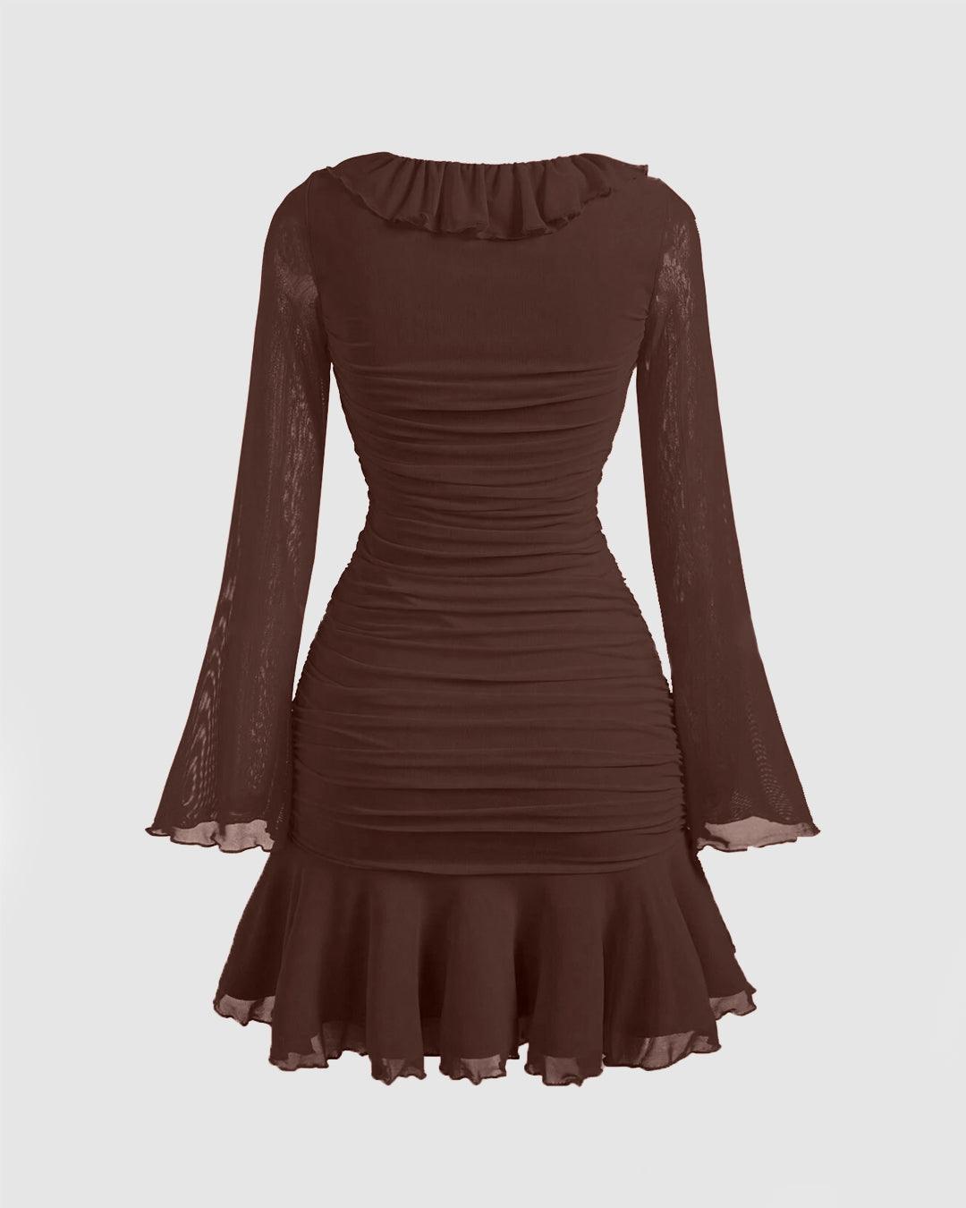 Brown Ruffle Hem Mini Dress with Long Sleeves
