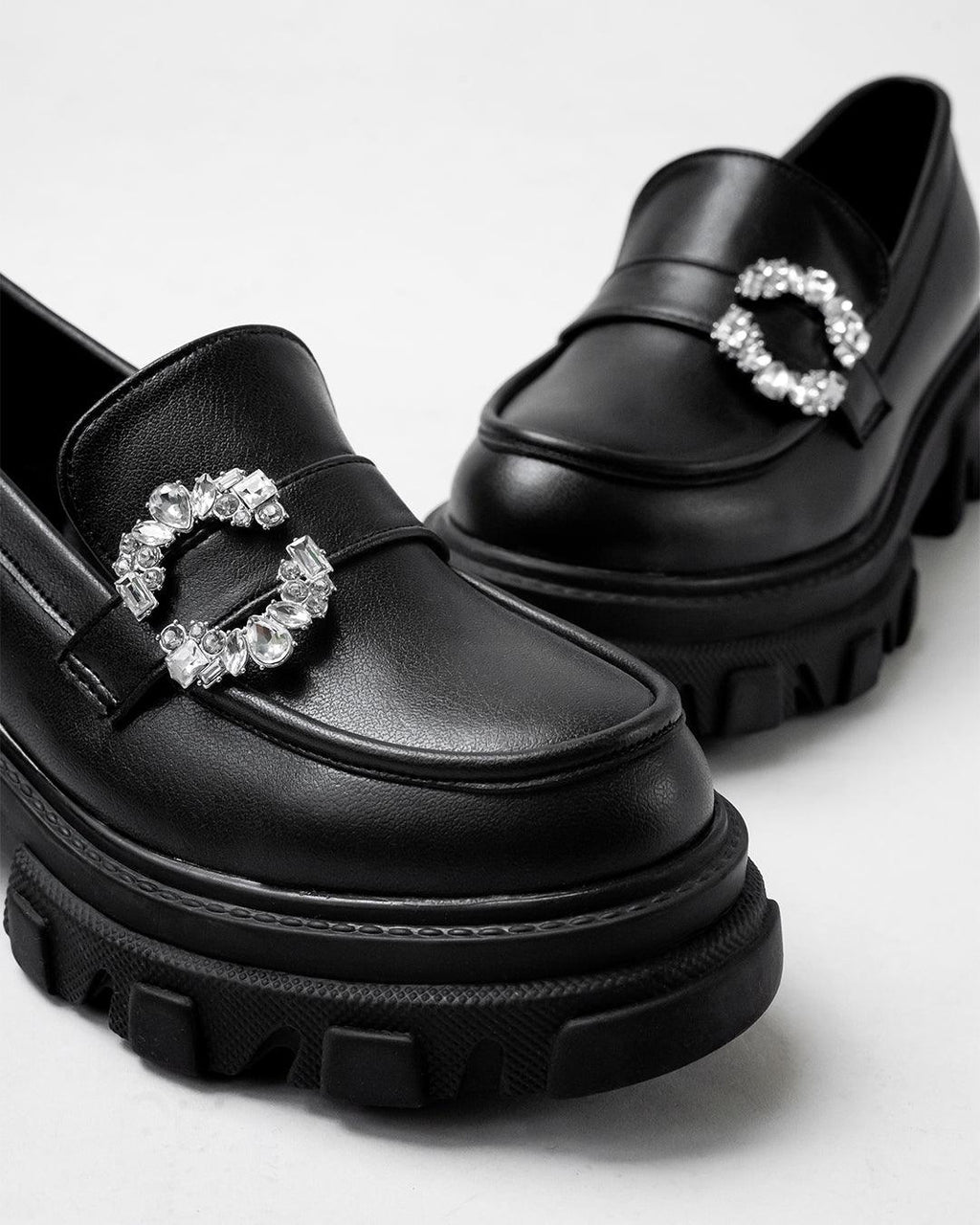 Buckle Embellished Black Chunky Loafers