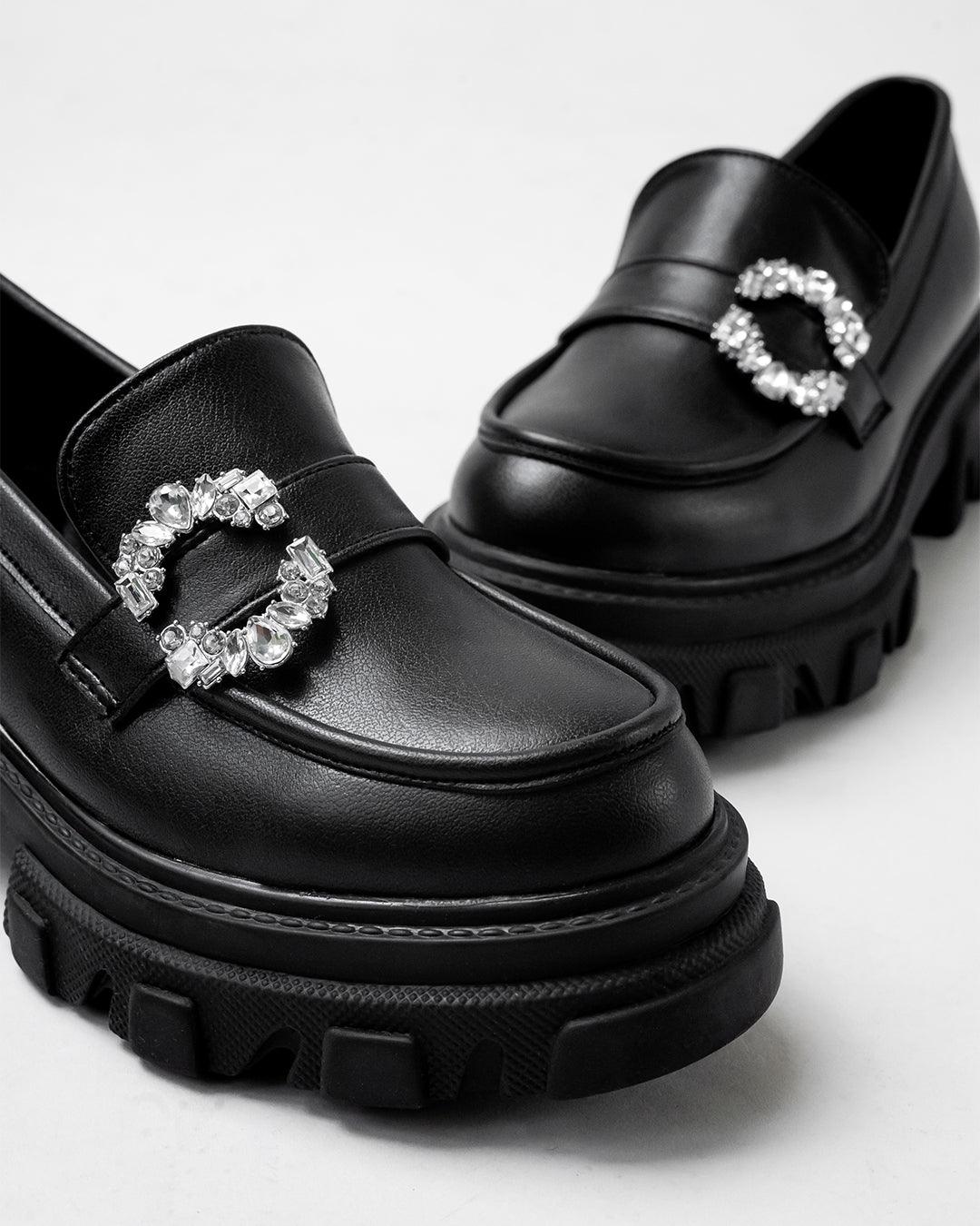 Buckle Embellished Black Chunky Loafers