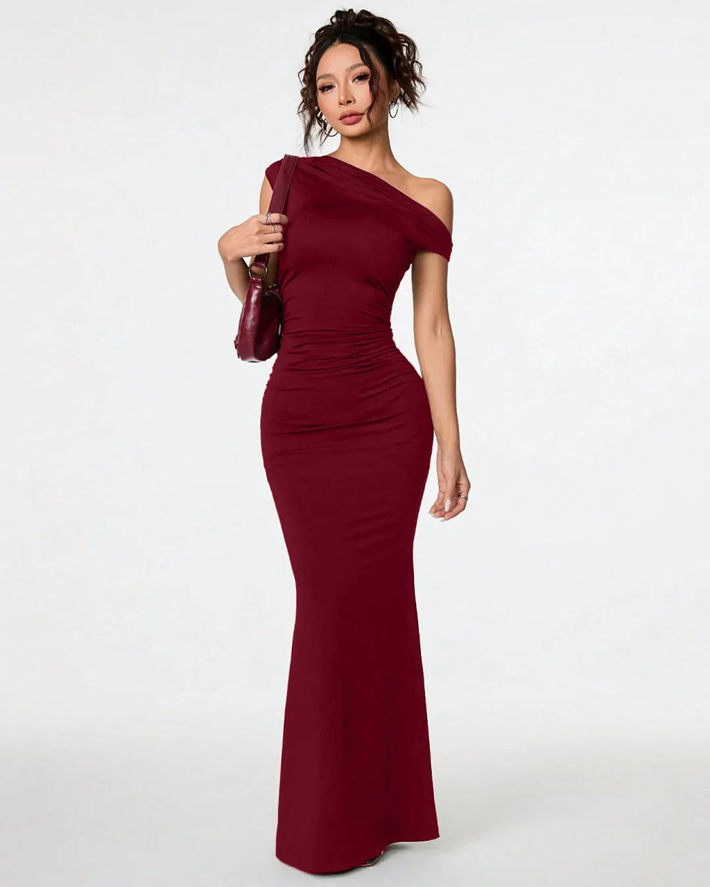 Burgundy Asymmetrical Neck Bodycon Maxi Dress