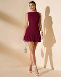 Sleeveless Mini Dress with Ruched Waist and Flare Hem in Burgundy