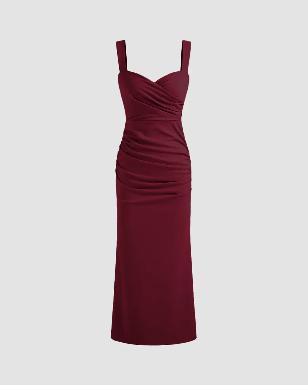 V Neck Ruched Bodycon Fit Midi Dress in in Burgundy