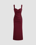 V Neck Ruched Bodycon Fit Midi Dress in in Burgundy
