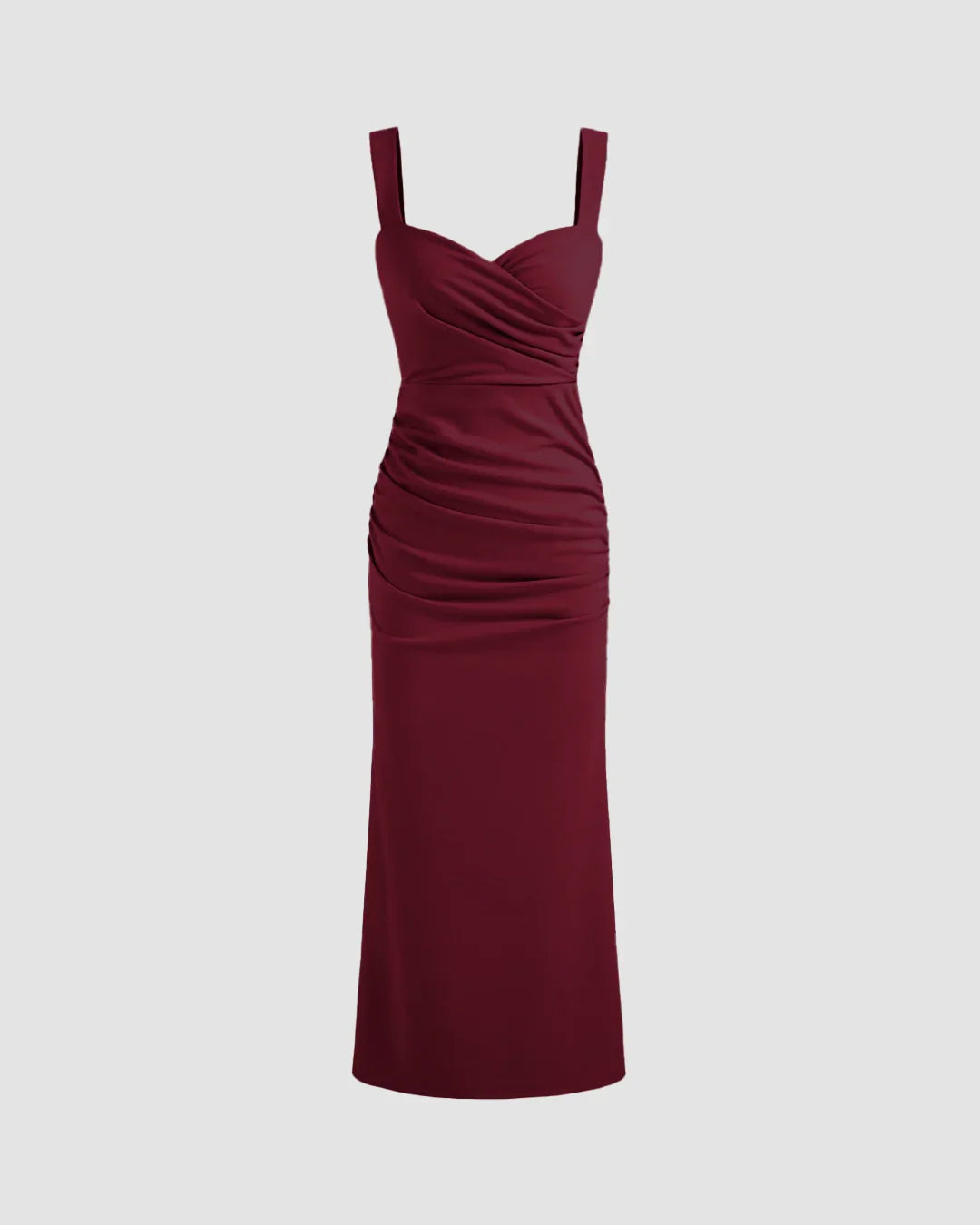 V Neck Ruched Bodycon Fit Midi Dress in in Burgundy