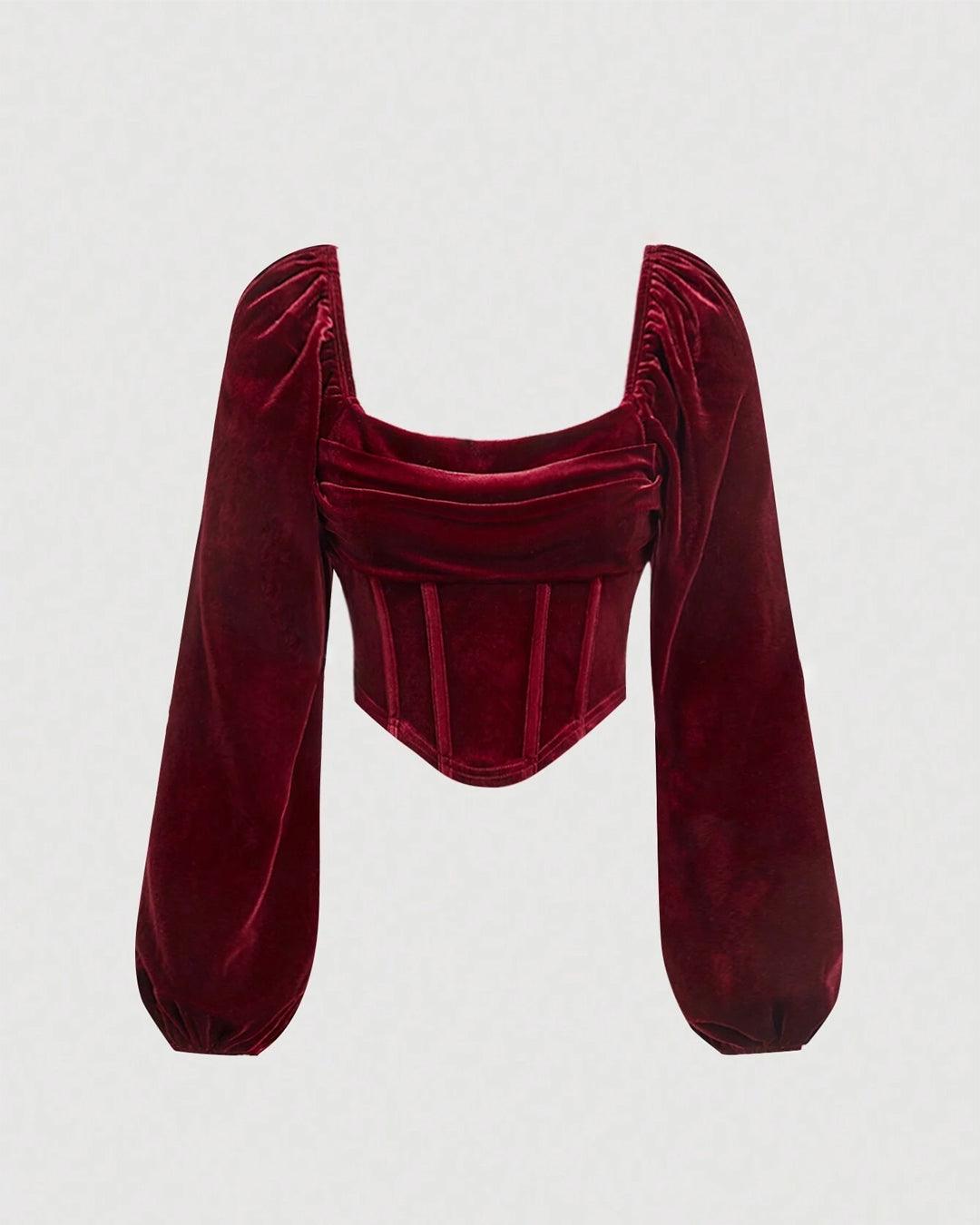 Bustier Square Neck Puff Long Sleeve Velvet Top