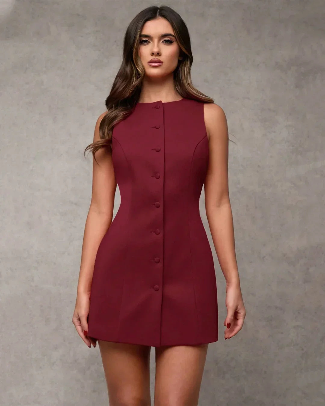 Button-Front Sleeveless Bodycon Mini Dress in Burgundy