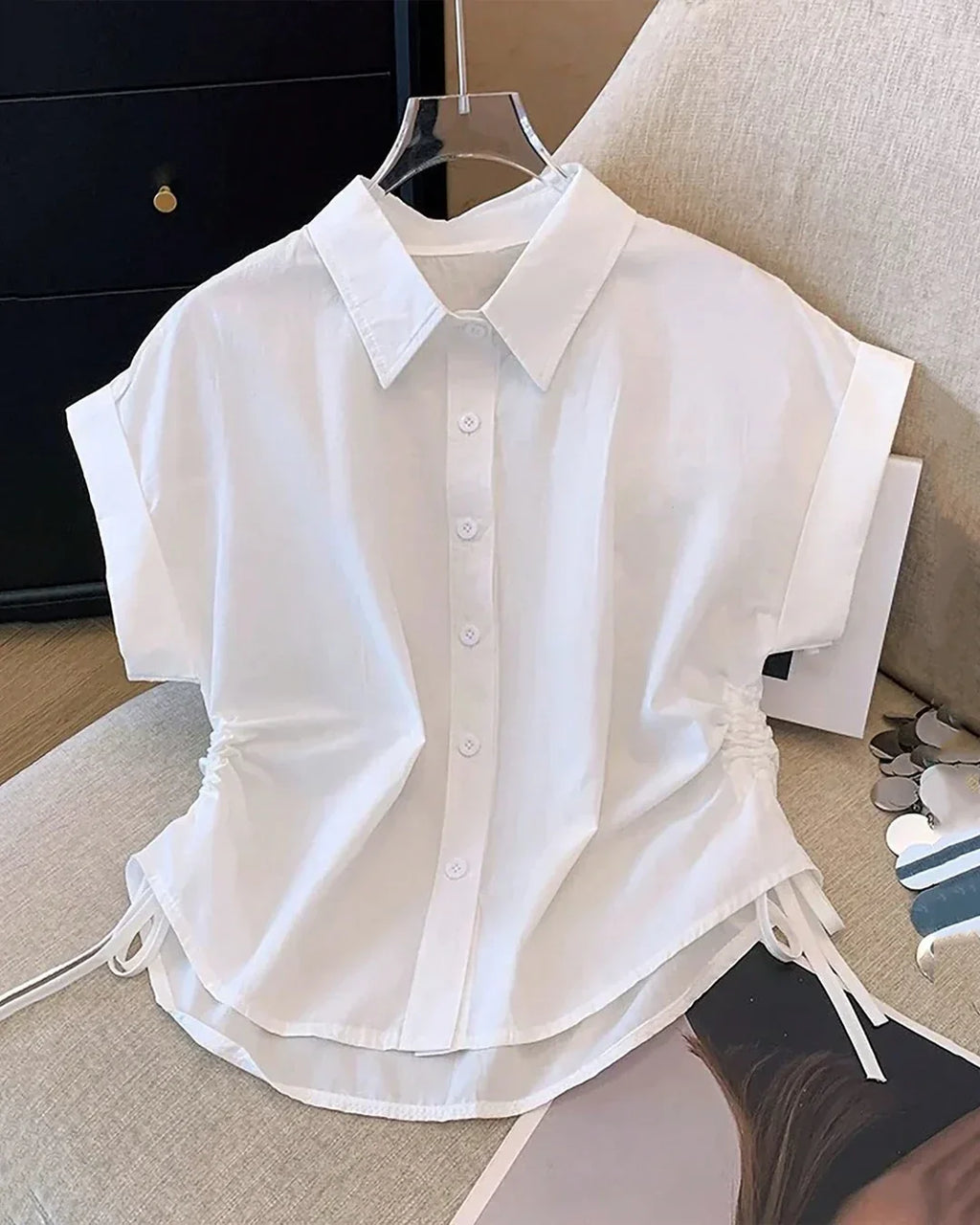 Button Down Collared Neck Short Sleeve Solid Shirt in White