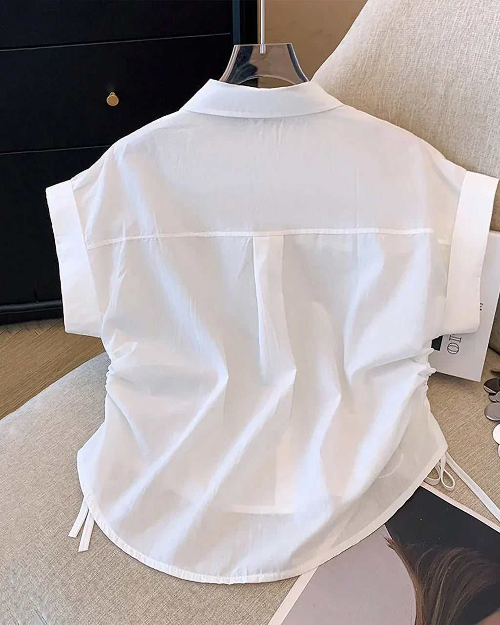 Button Down Collared Neck Short Sleeve Solid Shirt in White