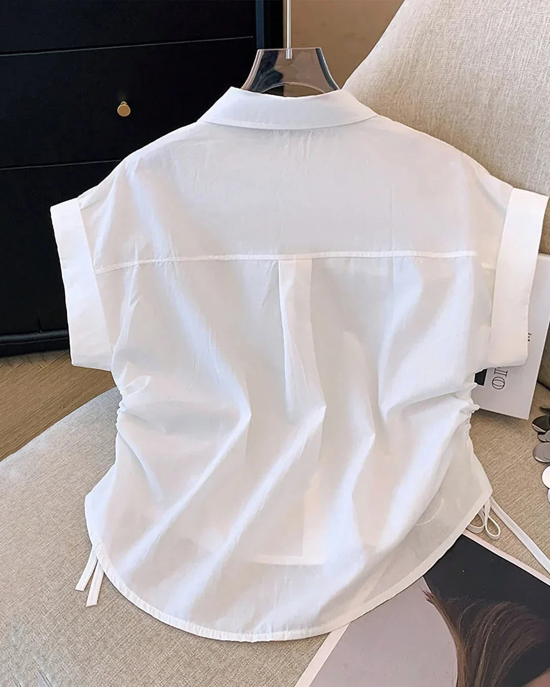 Button Down Collared Neck Short Sleeve Solid Shirt in White