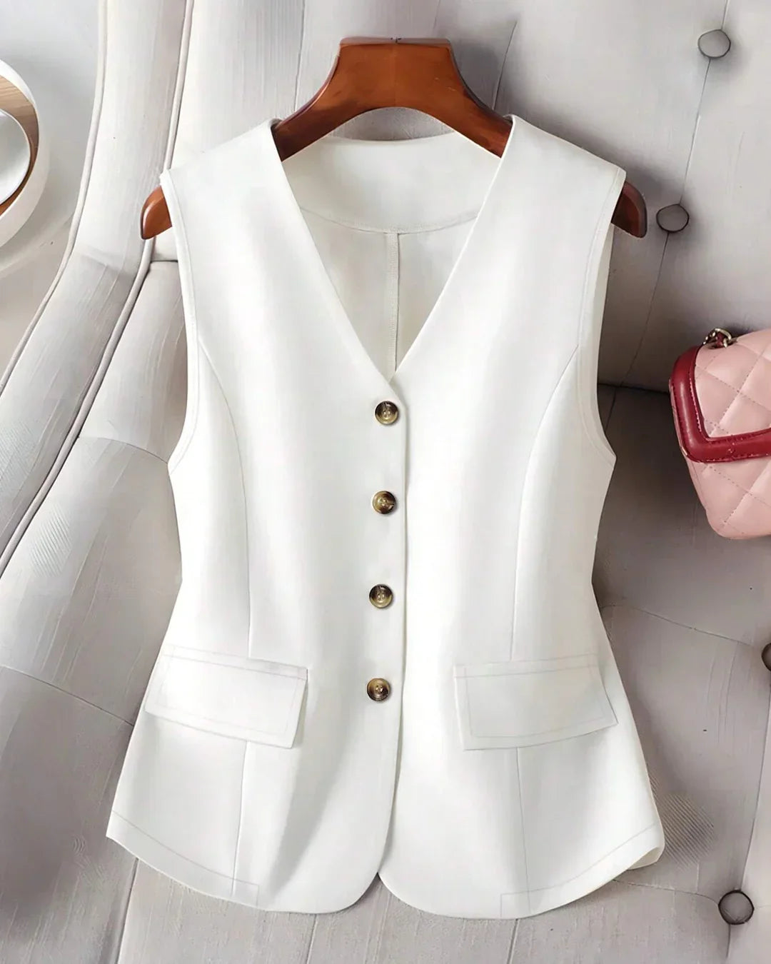 Button Down Tailored Sleeveless Blazer in White