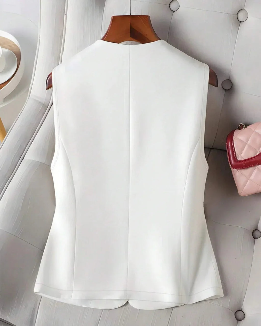 Button Down Tailored Sleeveless Blazer in White