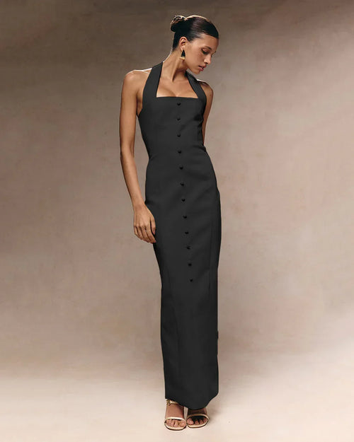 Button Front Halter Neck Bodycon Midi Dress in Black
