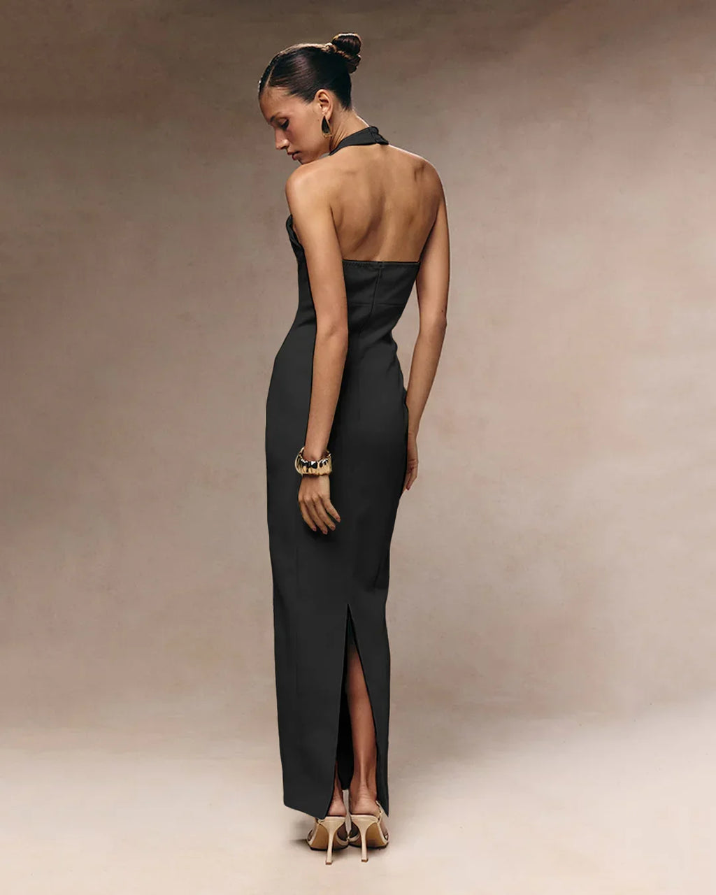 Button Front Halter Neck Bodycon Midi Dress in Black