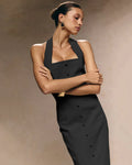 Button Front Halter Neck Bodycon Midi Dress in Black