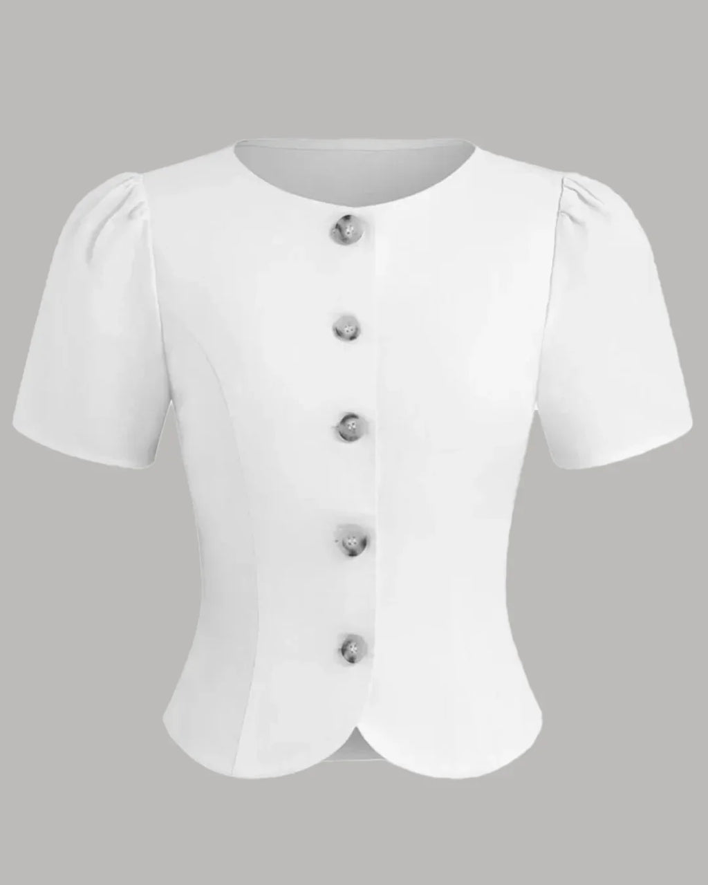 Button Front Round Neck Puff Sleeve Fitted Top in White