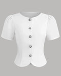 Button Front Round Neck Puff Sleeve Fitted Top in White