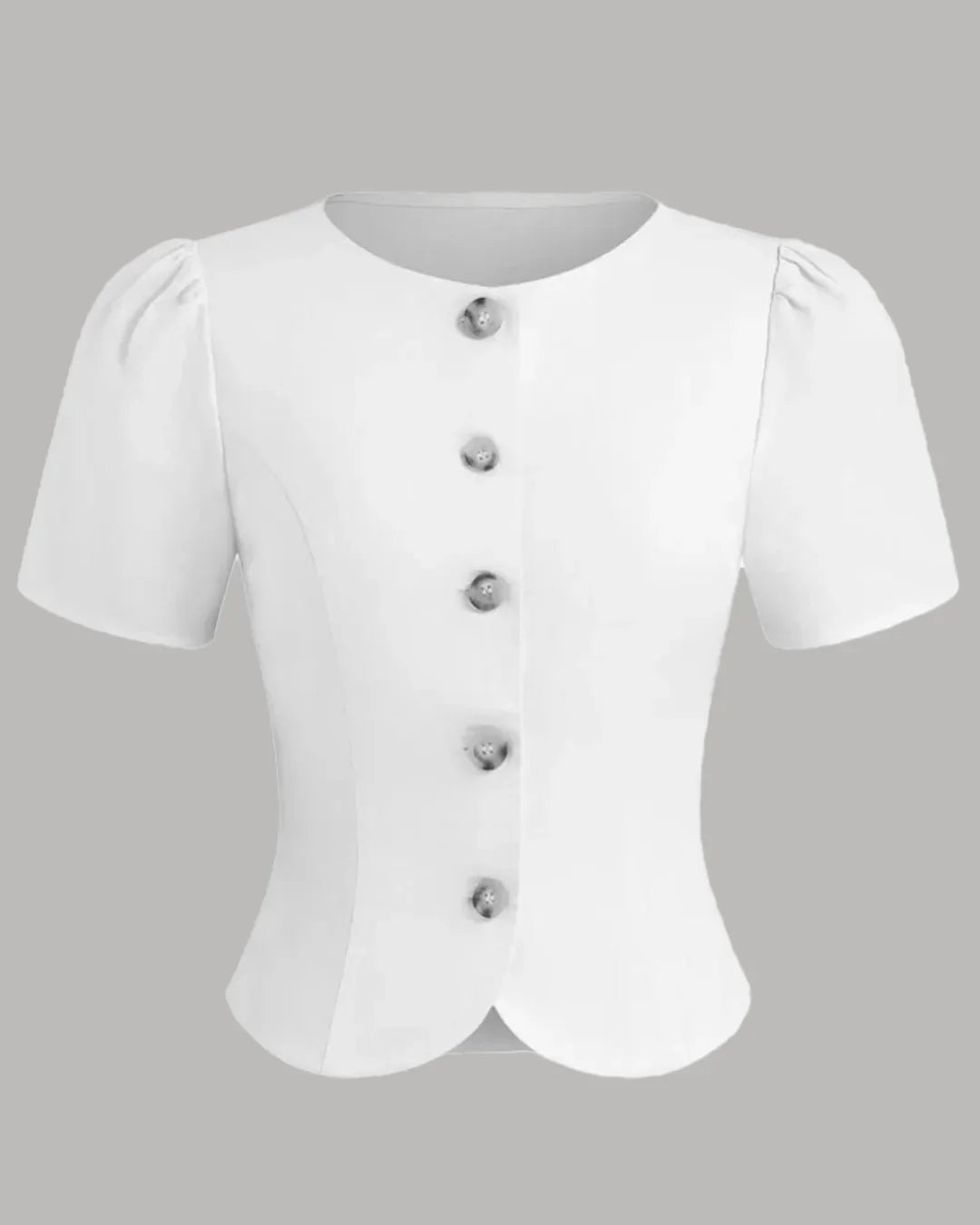 Button Front Round Neck Puff Sleeve Fitted Top in White