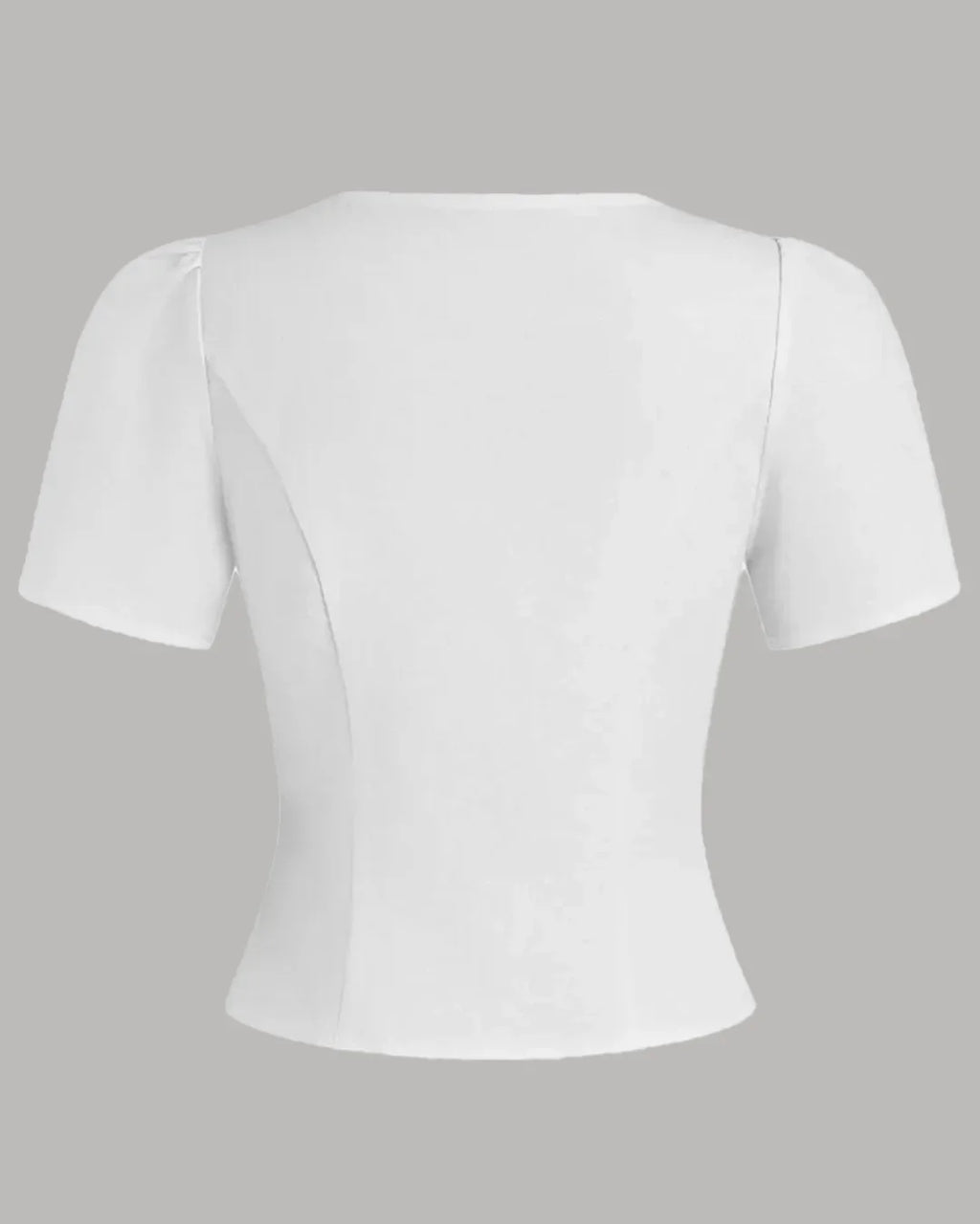 Button Front Round Neck Puff Sleeve Fitted Top in White
