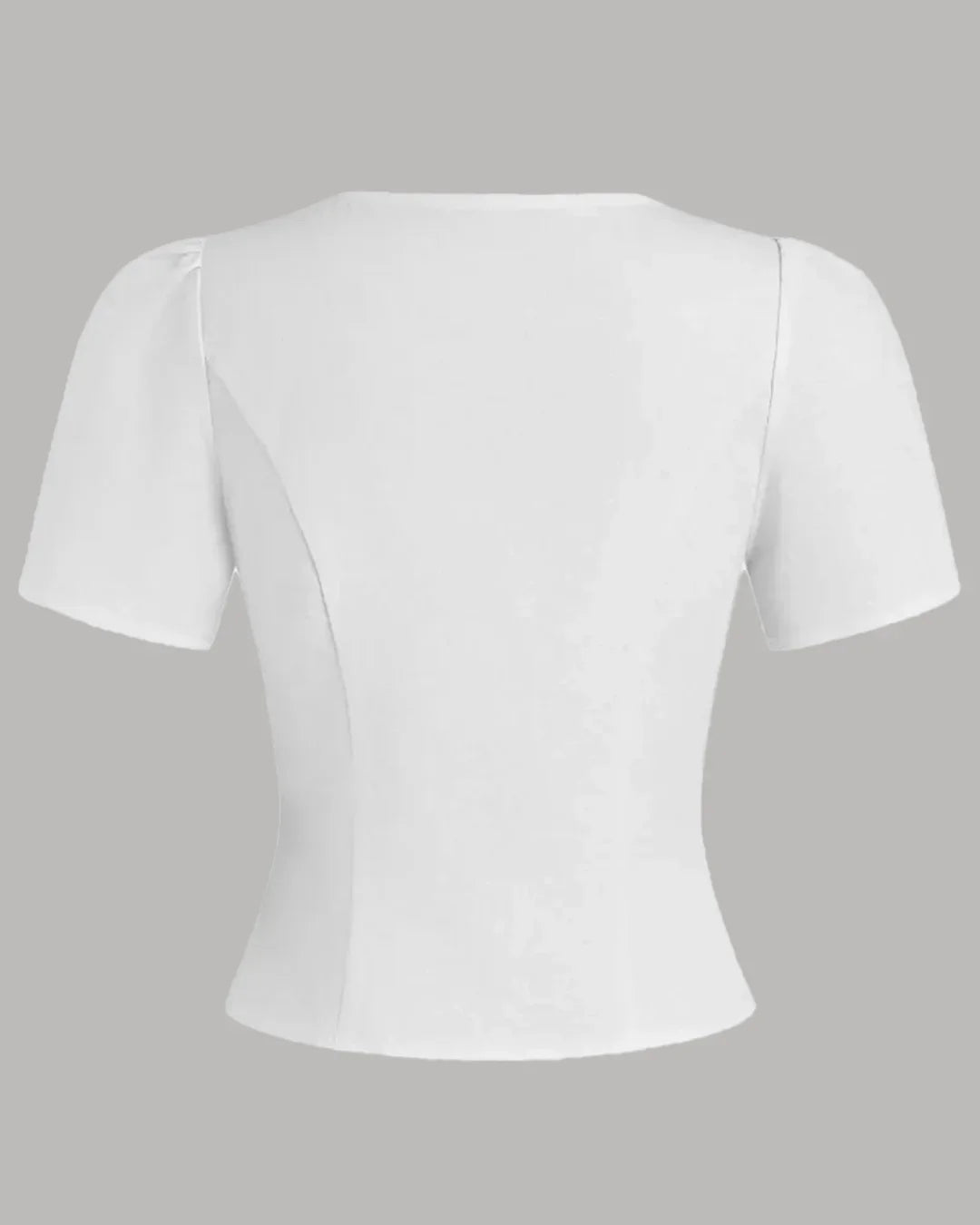 Button Front Round Neck Puff Sleeve Fitted Top in White