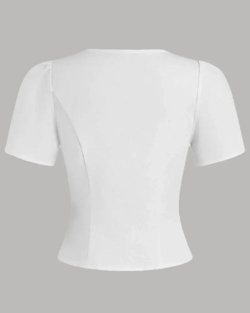 Button Front Round Neck Puff Sleeve Fitted Top in White