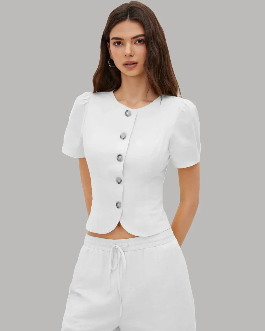 Button Front Round Neck Puff Sleeve Fitted Top in White
