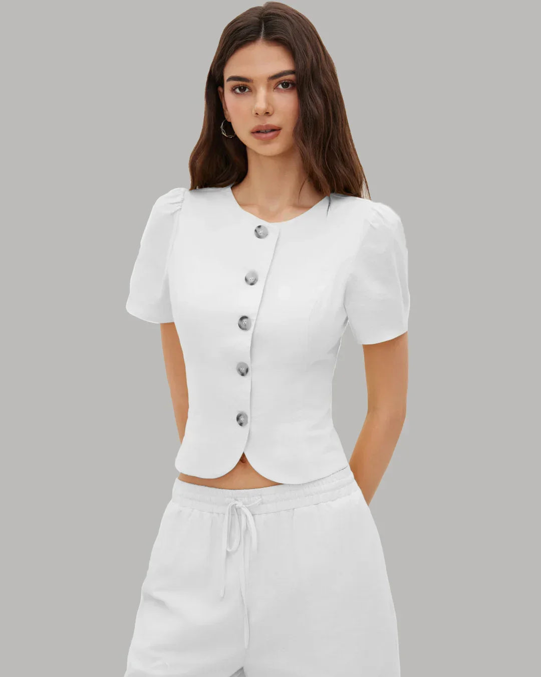 Button Front Round Neck Puff Sleeve Fitted Top in White