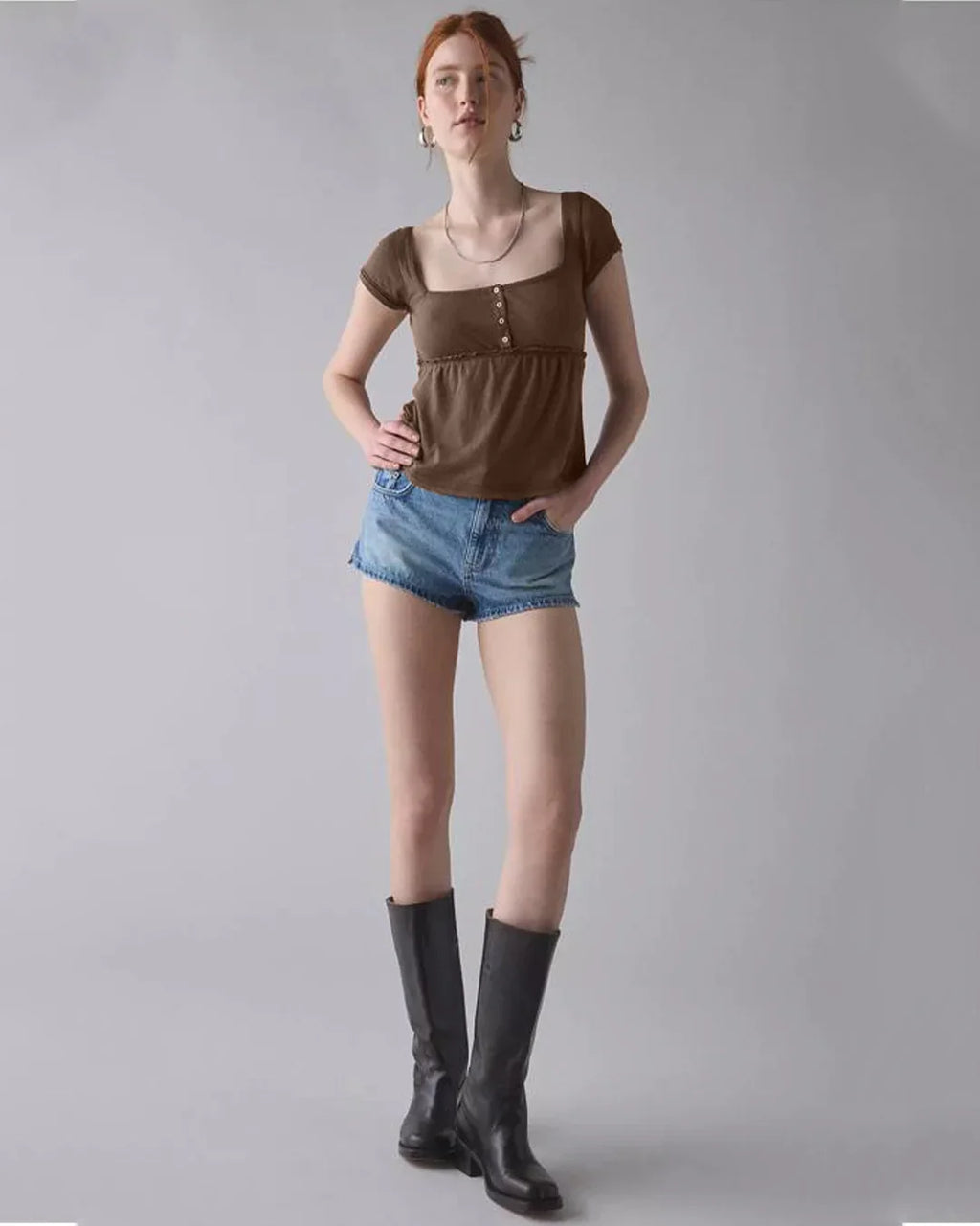 Button Front Square Neck Short Sleeve Top in Brown