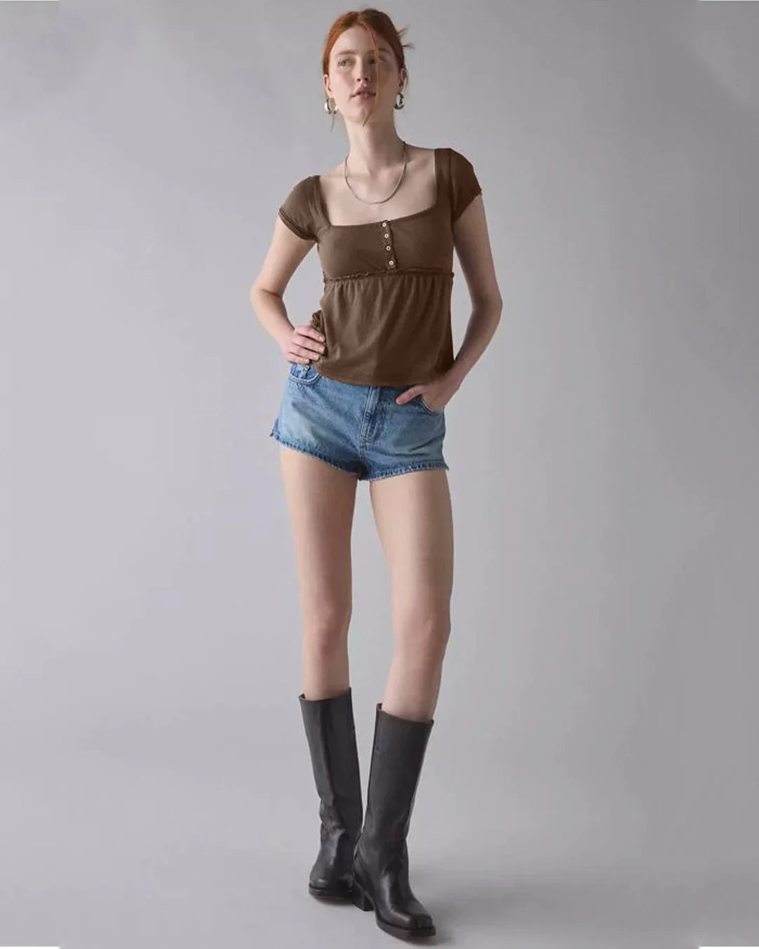 Button Front Square Neck Short Sleeve Top in Brown